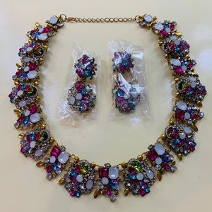 Multicolor Gem Statement Necklace + Earrings Set
